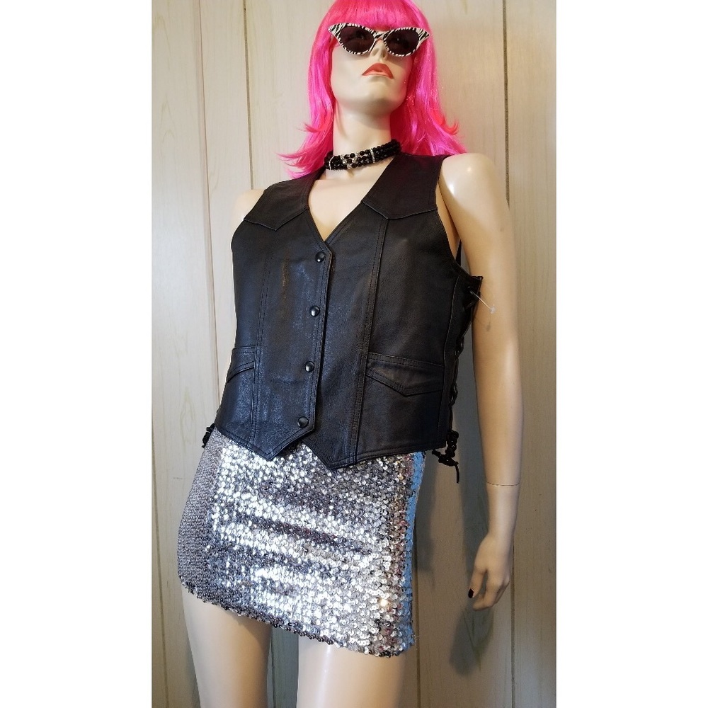 Biker Babe Black Leather Button-down Motorcycle Vest River Rd